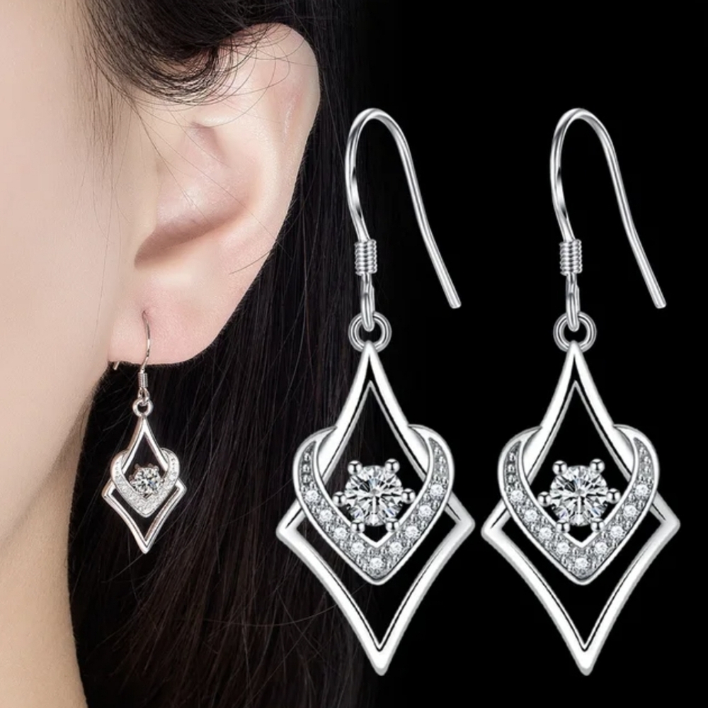 925 Sterling Silver Dangling Earing for Women,Zirconia,DiamondShape, HeartGift,